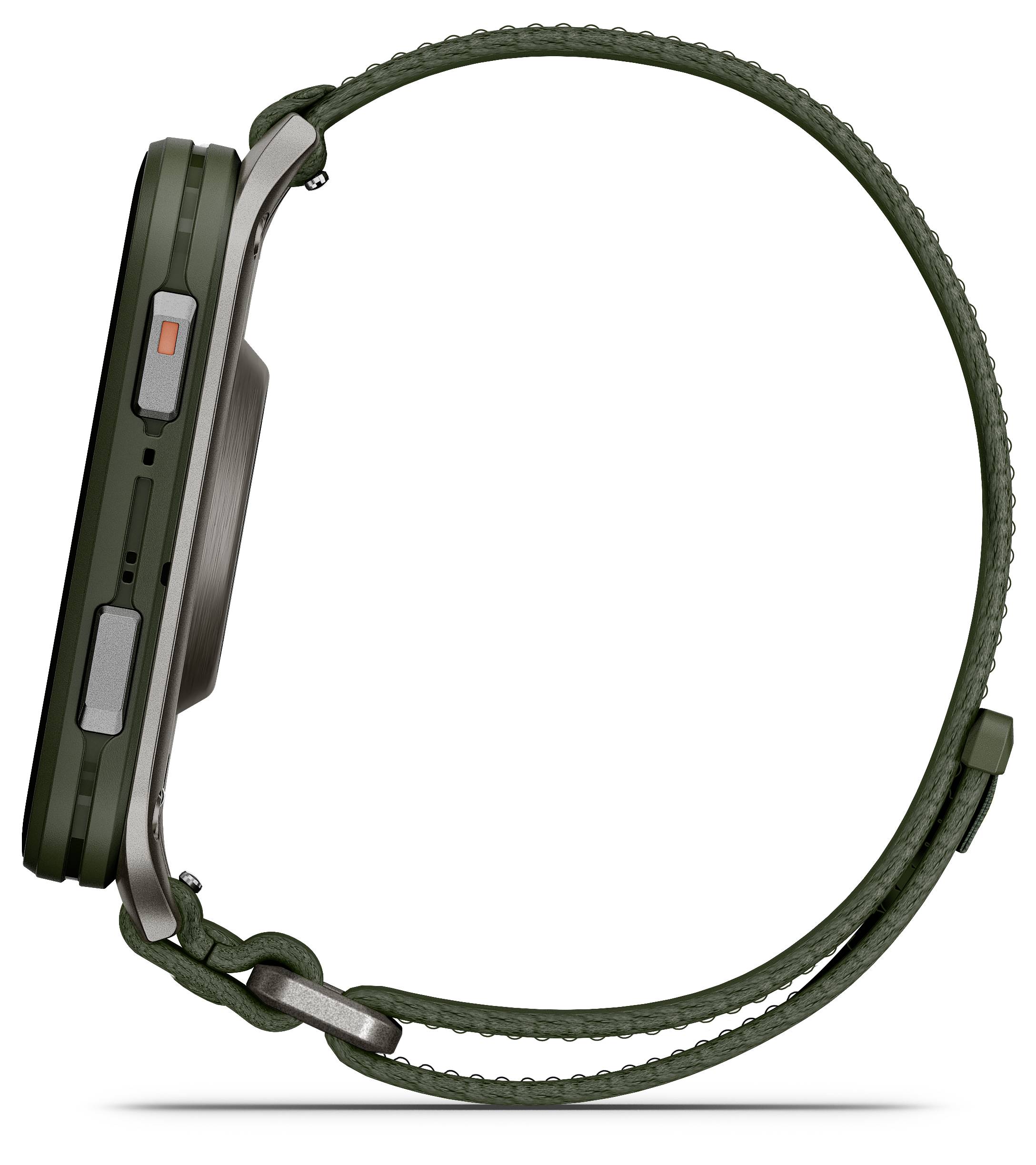 A sleek, modern smartwatch with a green strap is shown in a side profile view, highlighting its slim design and multiple side buttons.