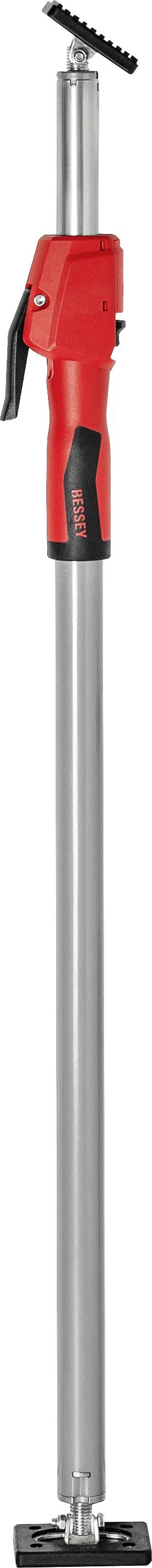 A red and silver adjustable pole with a T-shaped grip and black cap, used for construction support or leveling.