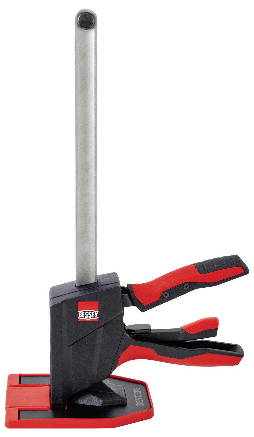 A red and black vertical clamp with a long silver rod stands upright. It has an ergonomic grip, branded 'Bessey', designed for woodworking.