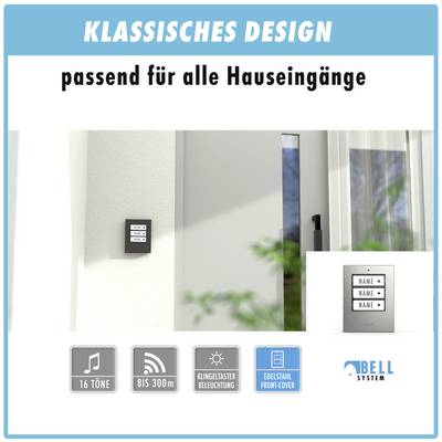 Doorbell panel with three names listed vertically on a grey background, suitable for all house entrances. Text at the top: 'Classic Design'.