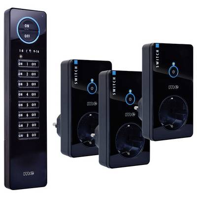 A remote control with multiple buttons and three smart plugs designed for wireless device management, featuring on-off functionality.