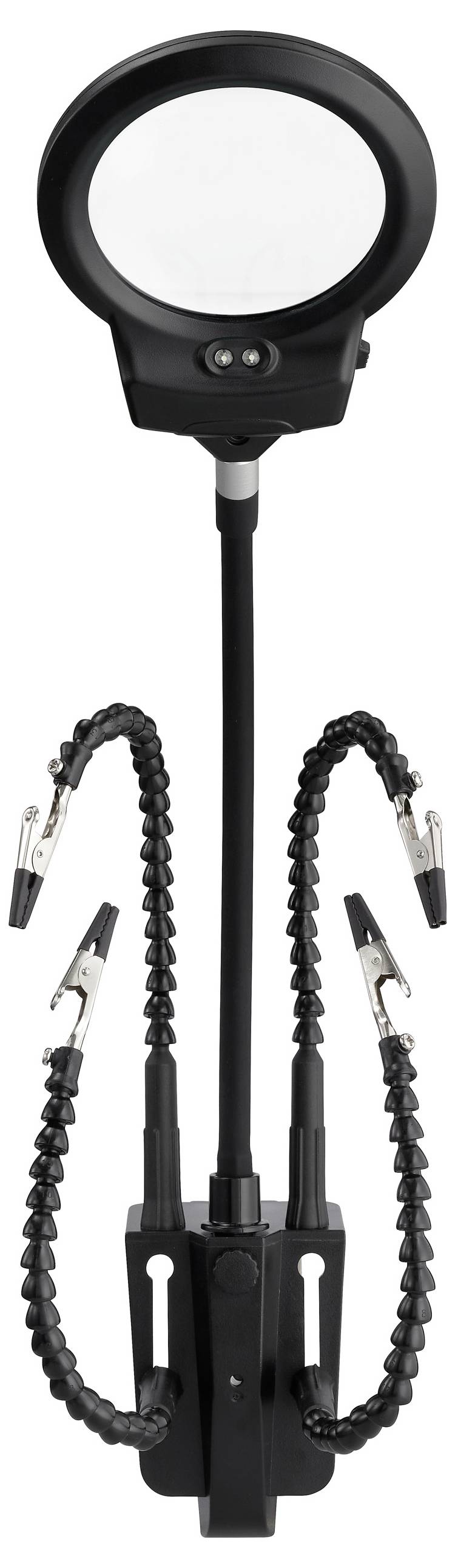 A magnifying glass with LED lights attached to adjustable arms holding clips, used for precision work or crafts.