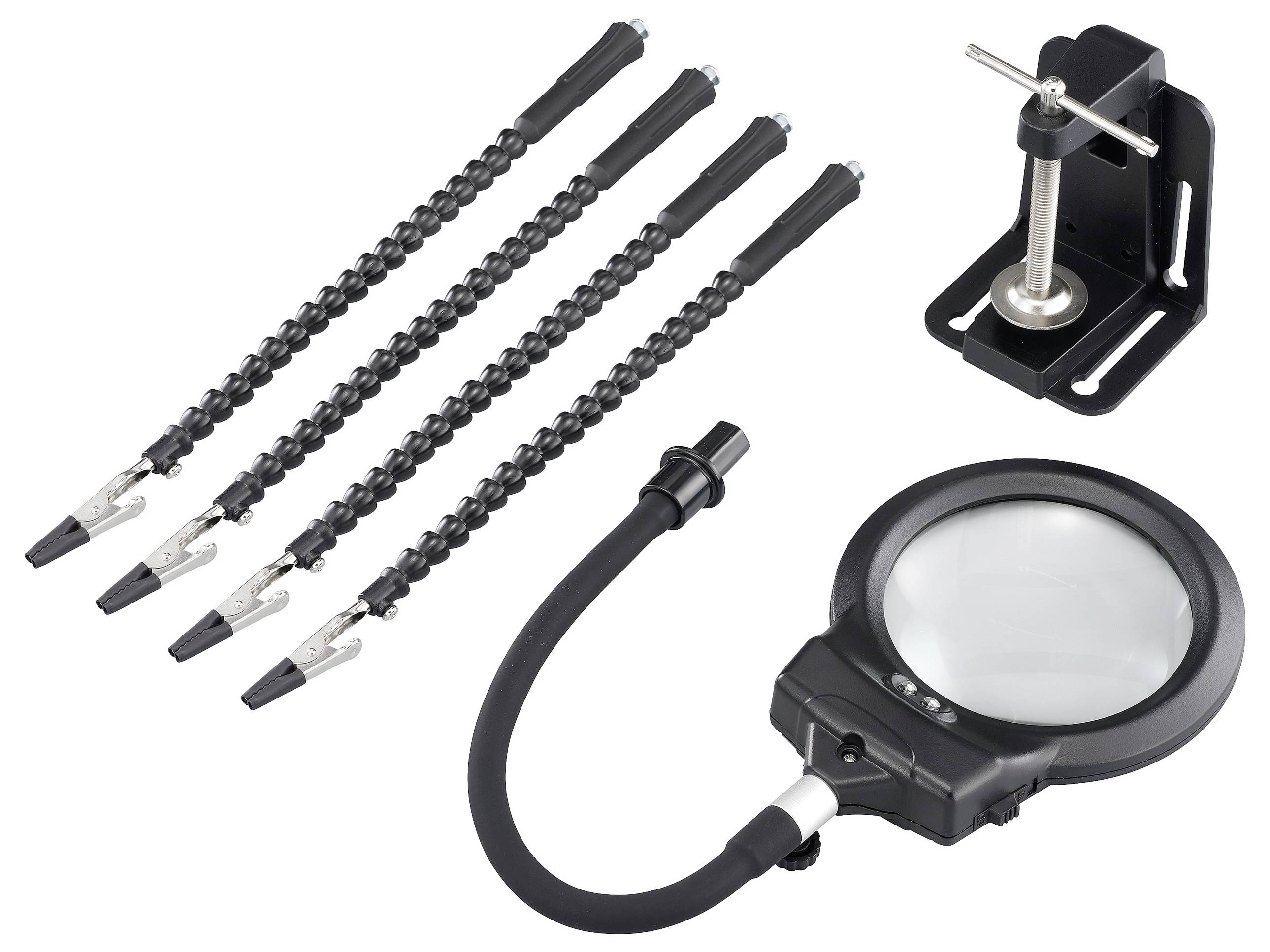 'A magnifying glass with a flexible arm, four black alligator clip arms, and a clamp base for holding and inspecting small items.'