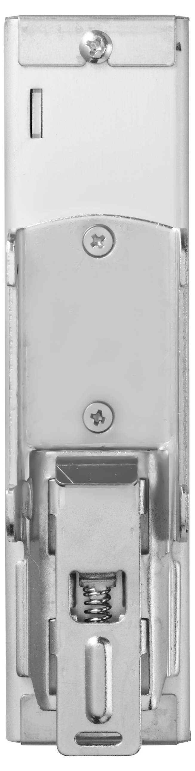 'Silver metal hinge with screws and a spring mechanism, used for cabinet doors. Close-up view showing detailed hardware components.'