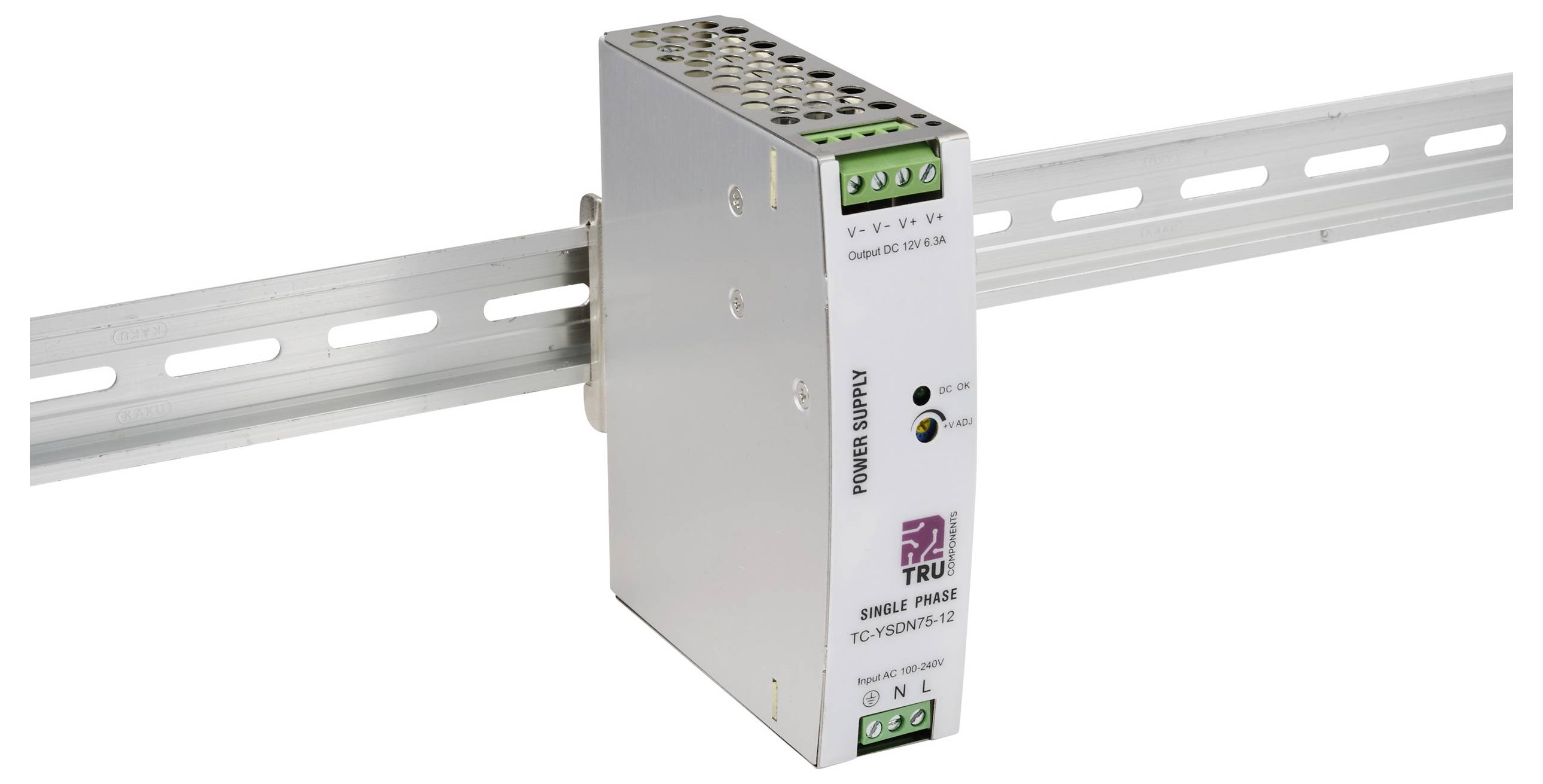 'TRU power supply mounted on a metal rail. Model TDK HWS15A-5/A, single phase, overview of its front panel and connections.'