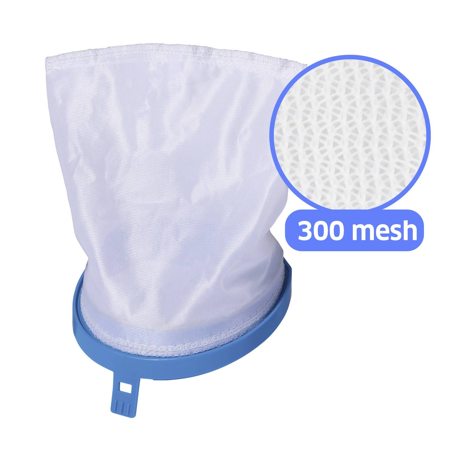 A white mesh filter bag with a blue rim, featuring a circular zoomed-in section showing the 300 mesh pattern in detail.