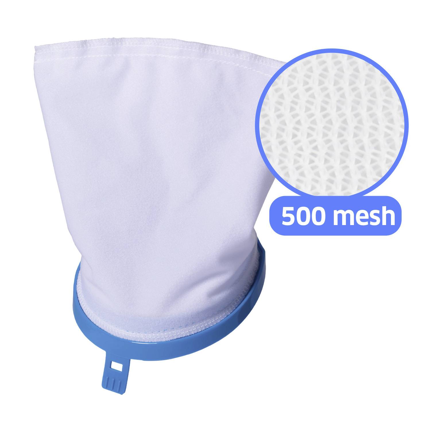 'White filter bag with blue base featuring a close-up of 500 mesh detail.'