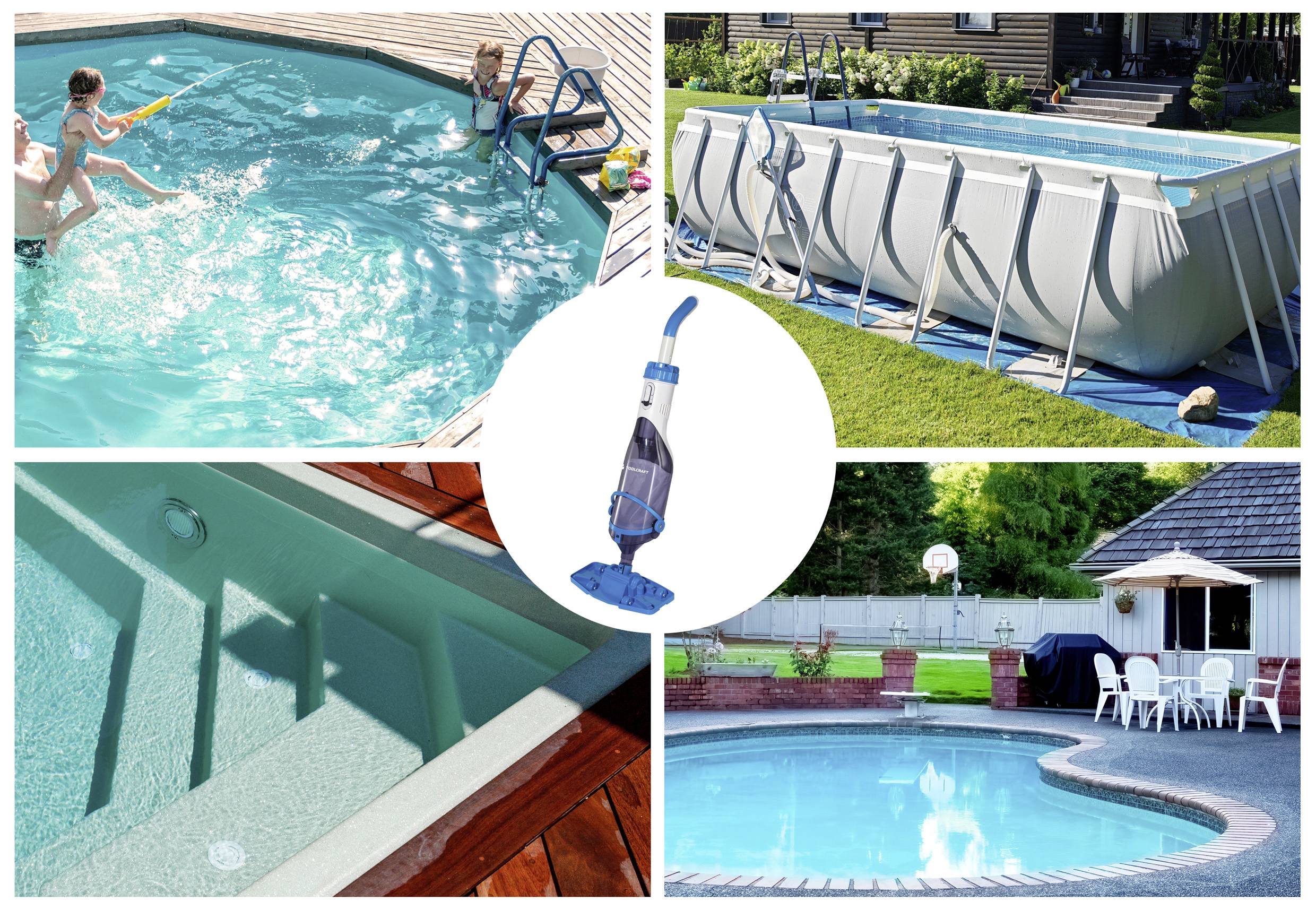 'Collage of pools: children playing in a round pool, an above-ground pool, pool stairs, and a vacuum near an oval pool with patio furniture.'