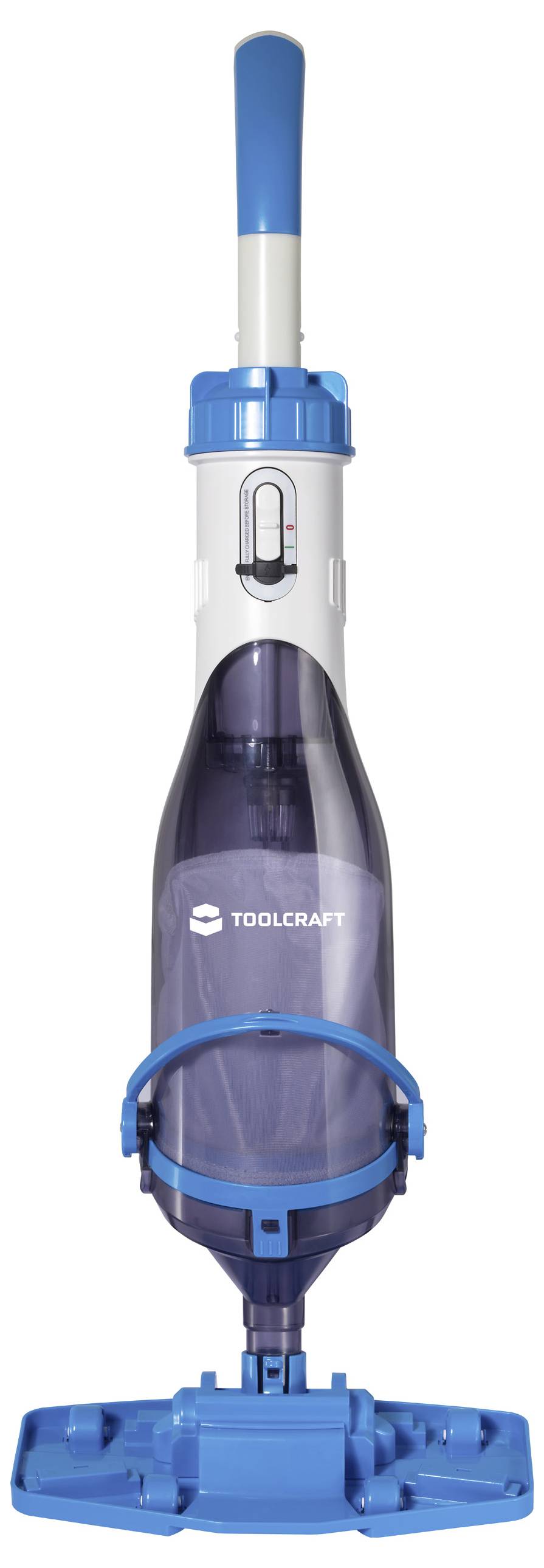 A blue and white handheld vacuum cleaner with a transparent dust container, labeled 'Toolcraft', designed for small cleaning tasks.