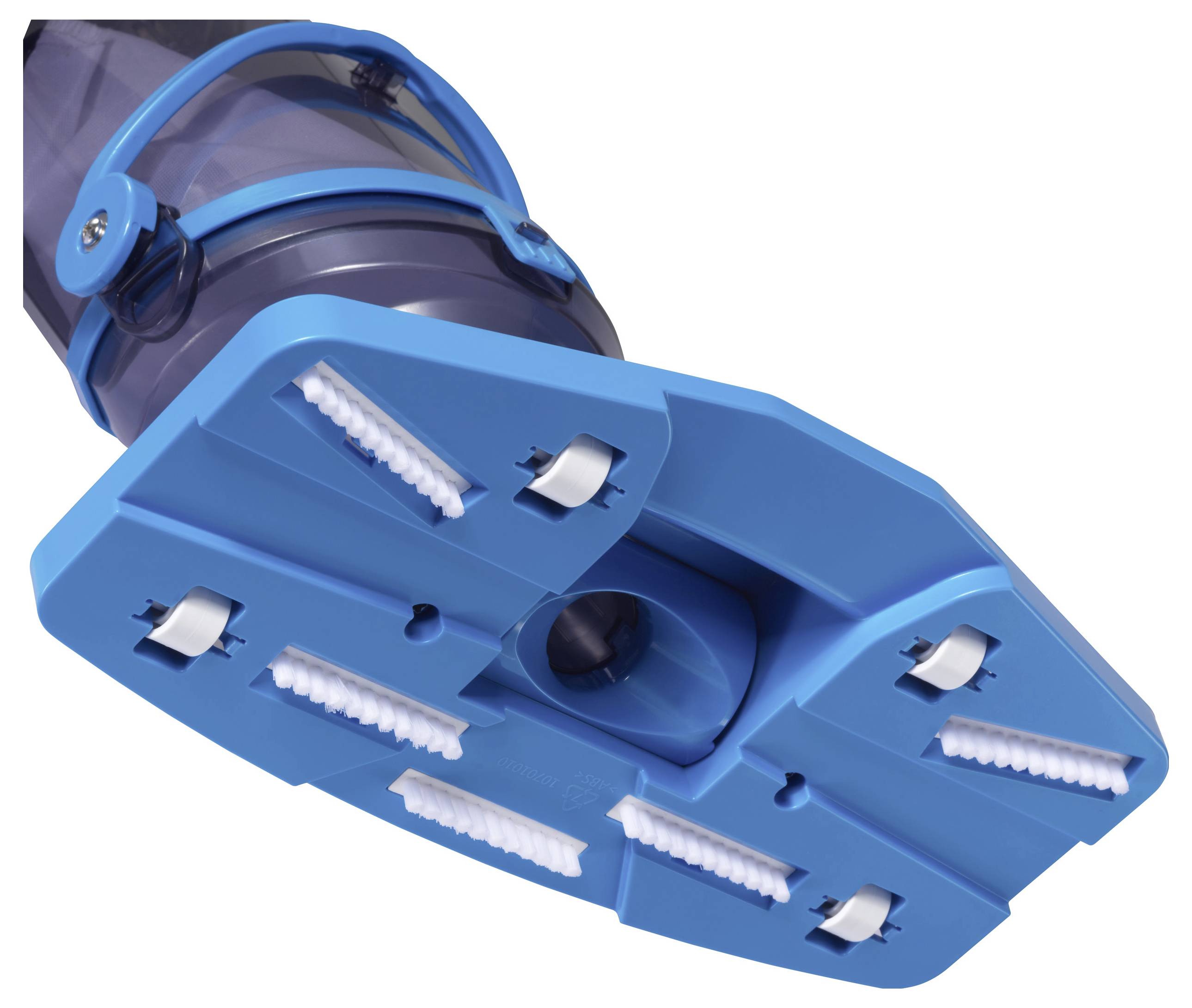 A blue pool vacuum head with white bristles designed for cleaning pool surfaces, shown from below highlighting its cleaning mechanism.