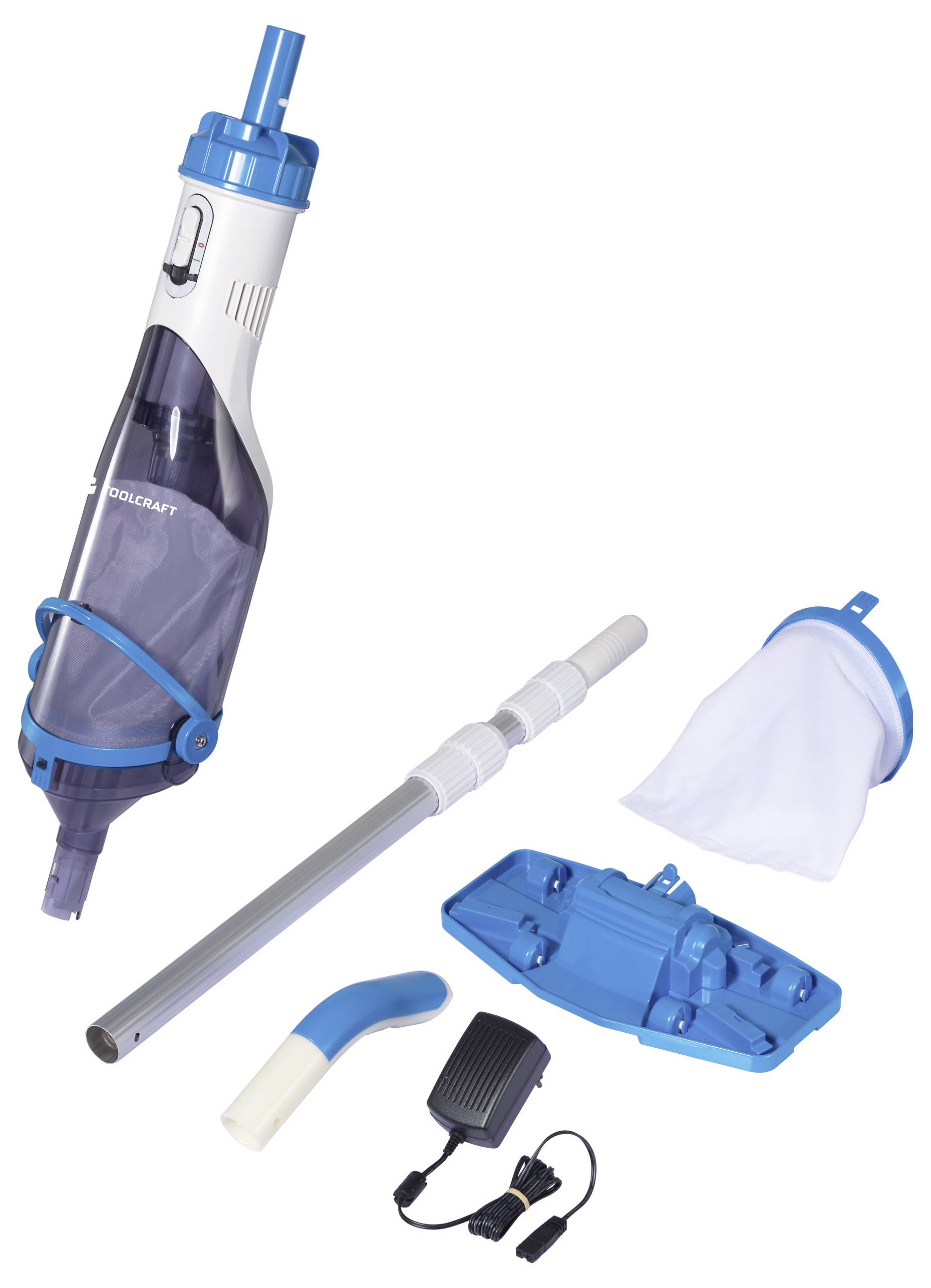 Handheld pool vacuum with blue and white components, including a filter bag, extension pole, and rechargeable battery pack.