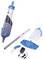 Handheld pool vacuum with blue and white components, including a filter bag, extension pole, and rechargeable battery pack.