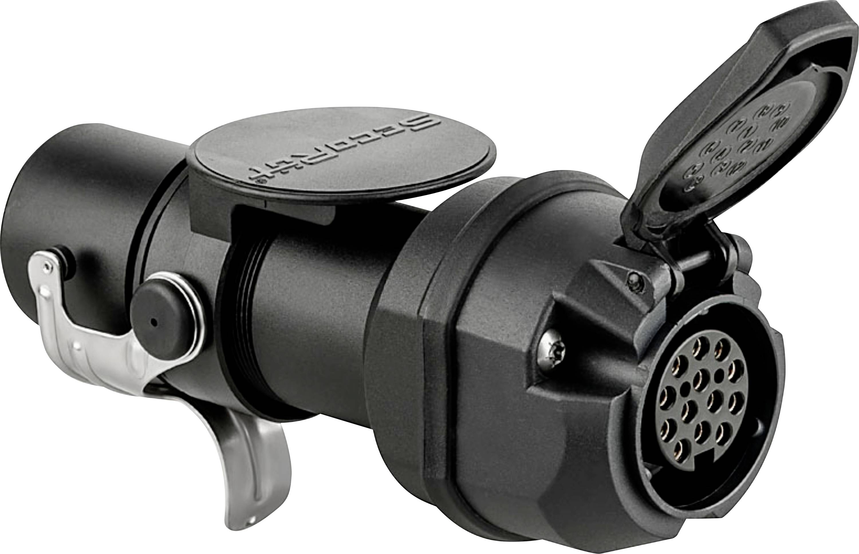 A black and silver electrical connector with an open cap revealing multiple circular pins, used for connecting vehicles to trailers.