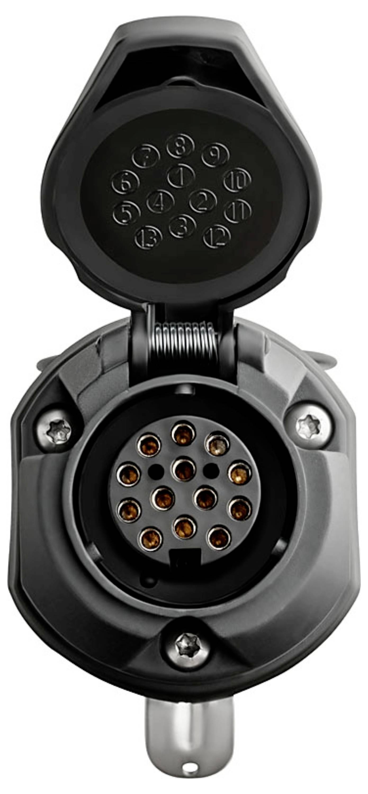 A black, circular, 13-pin trailer connector with an open lid, showing metal pins arranged in a specific pattern for electrical connections.