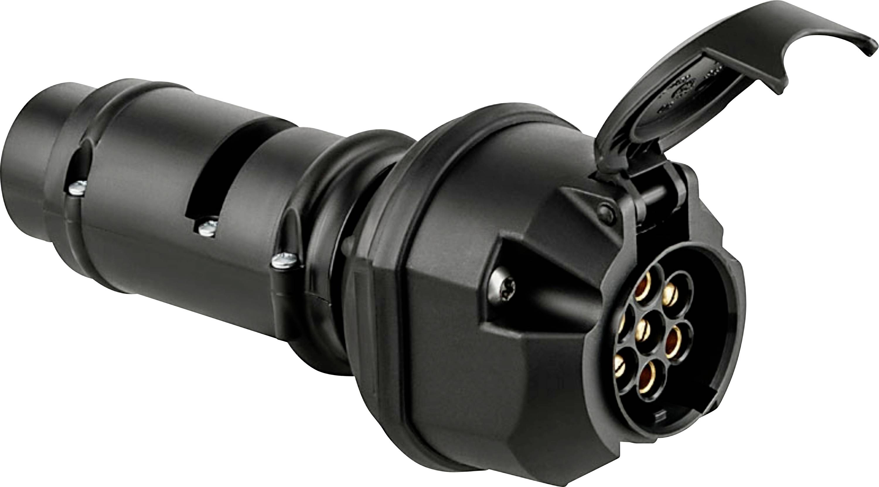 A black, industrial-grade plug connector with a protective cap, featuring multiple pins for electrical connections.