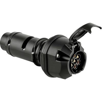 A black, industrial-grade plug connector with a protective cap, featuring multiple pins for electrical connections.