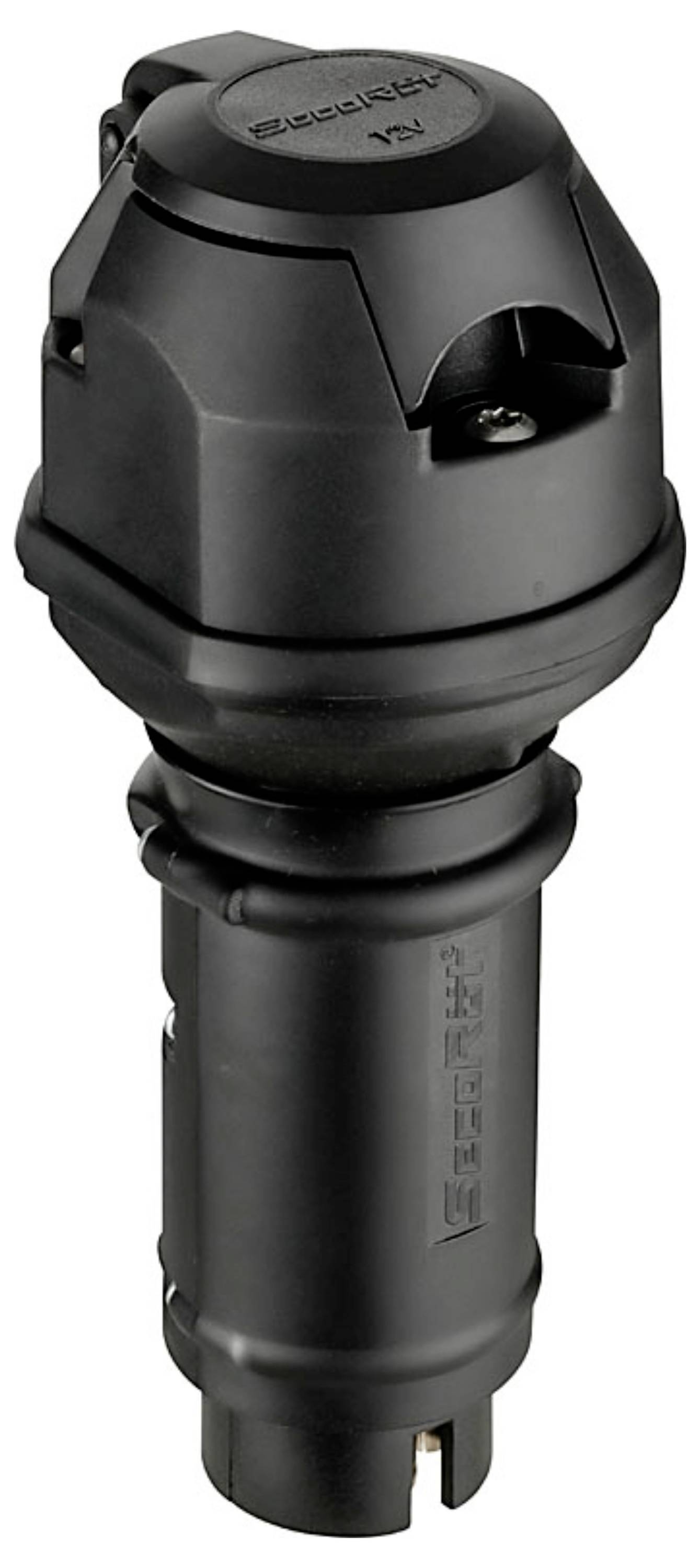 A black rubberized industrial plug with a streamlined design, likely used for heavy-duty electrical connections.