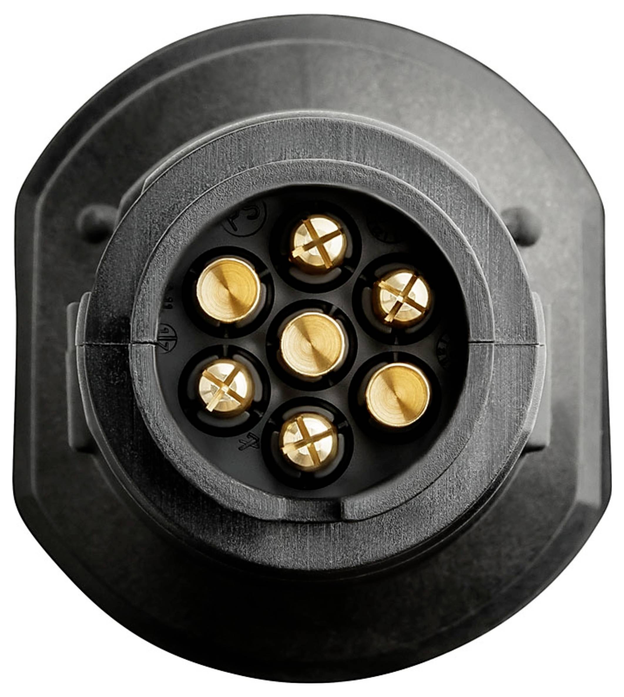 A close-up view of an electrical connector with six gold contact pins, set in a circular pattern on a dark plastic base, against a white background.