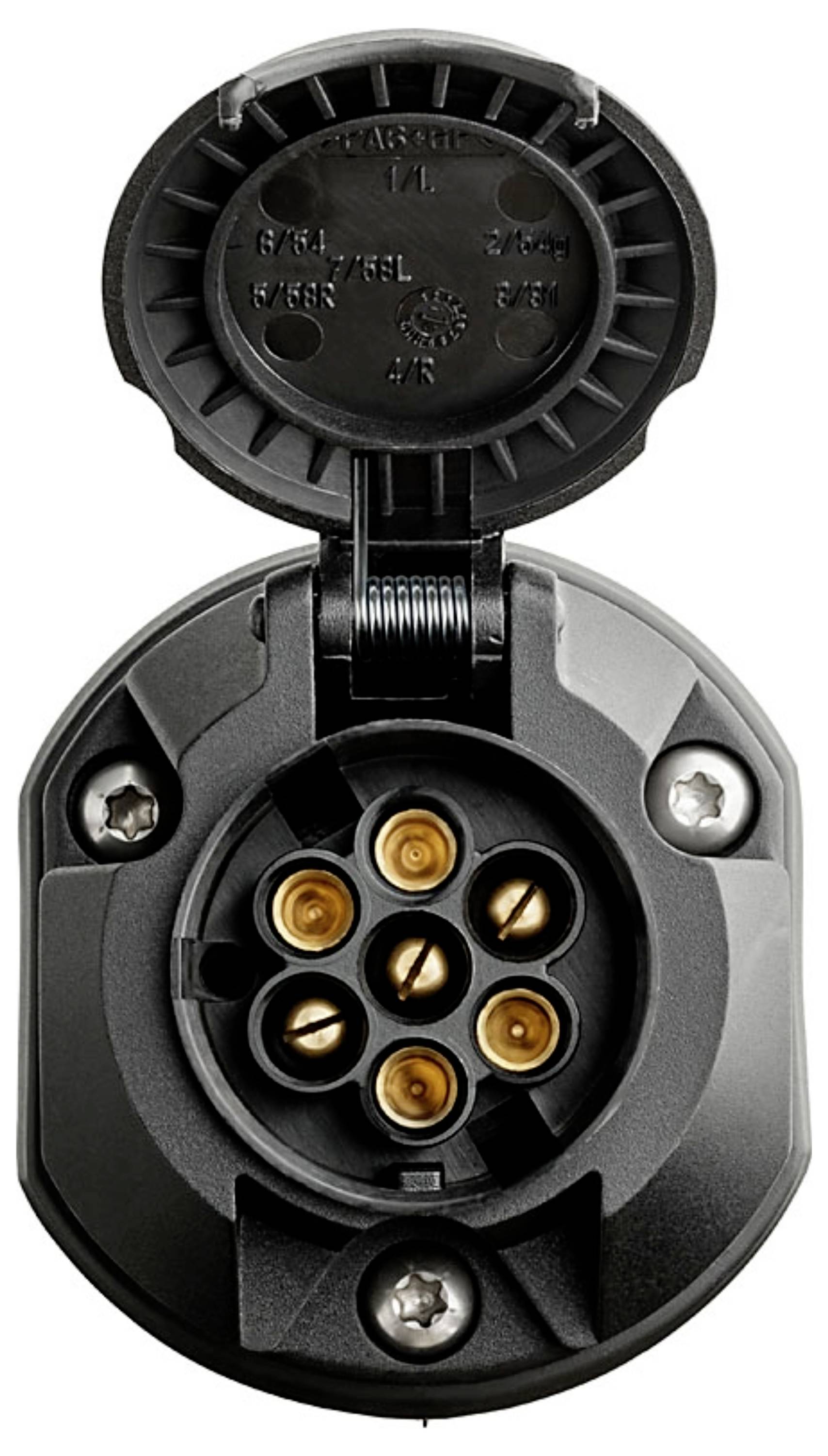 A round, black 7-pin trailer plug socket with the lid open, showing individual pins inside. Designed for electrical connections in towing.