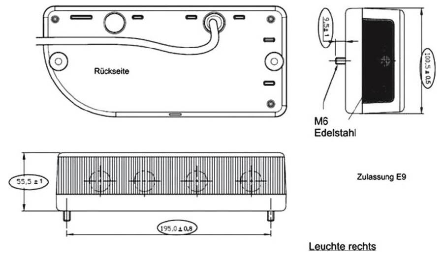 Technical drawing of a rectangular light fixture. Includes dimensions and German labels: 'Rückseite', 'M6 Edelstahl', 'Zulassung E9', 'Leuchte rechts'.
