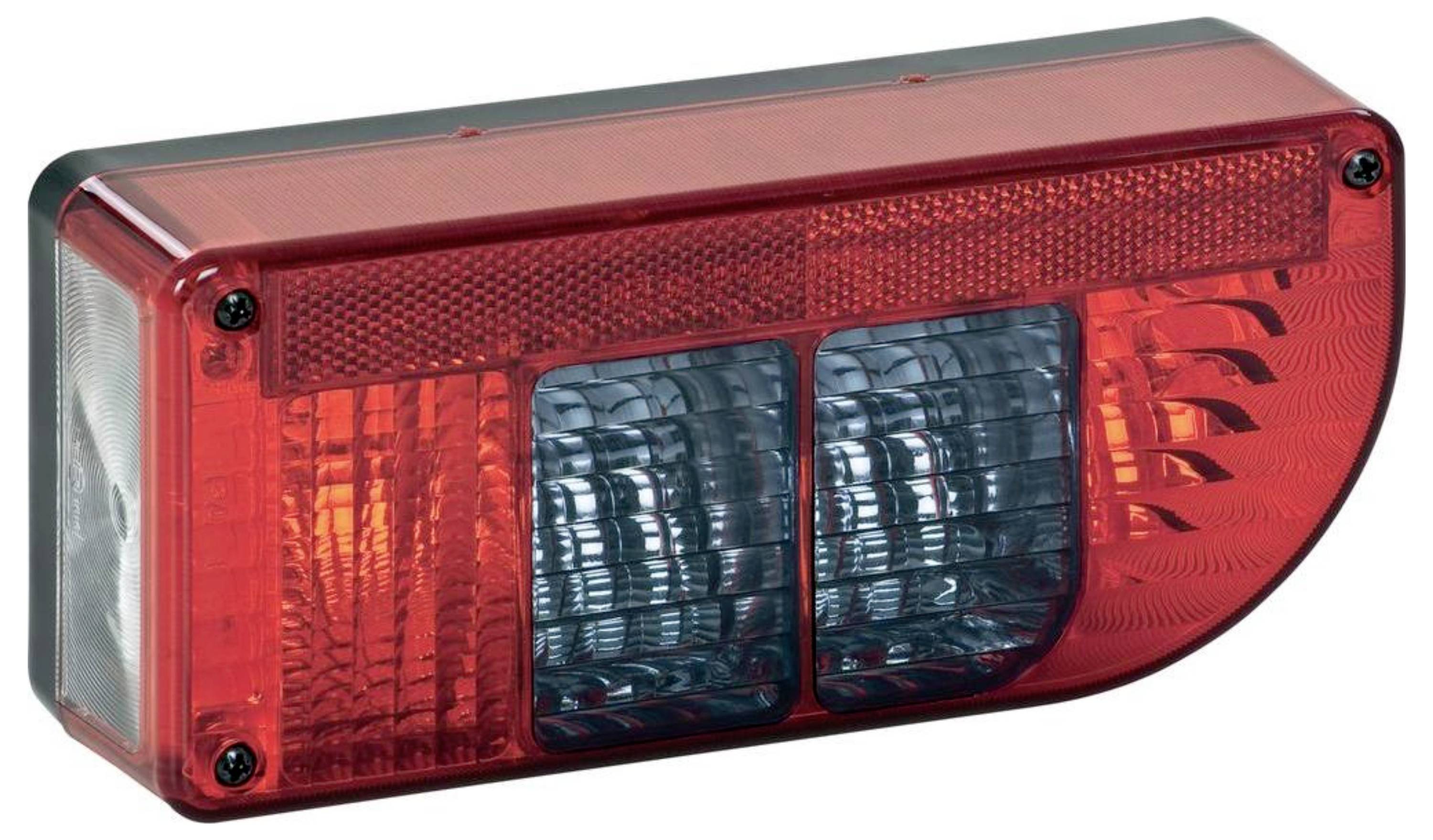 A rectangular vehicle tail light with red outer casing and clear central lens, designed for signaling and visibility enhancement.