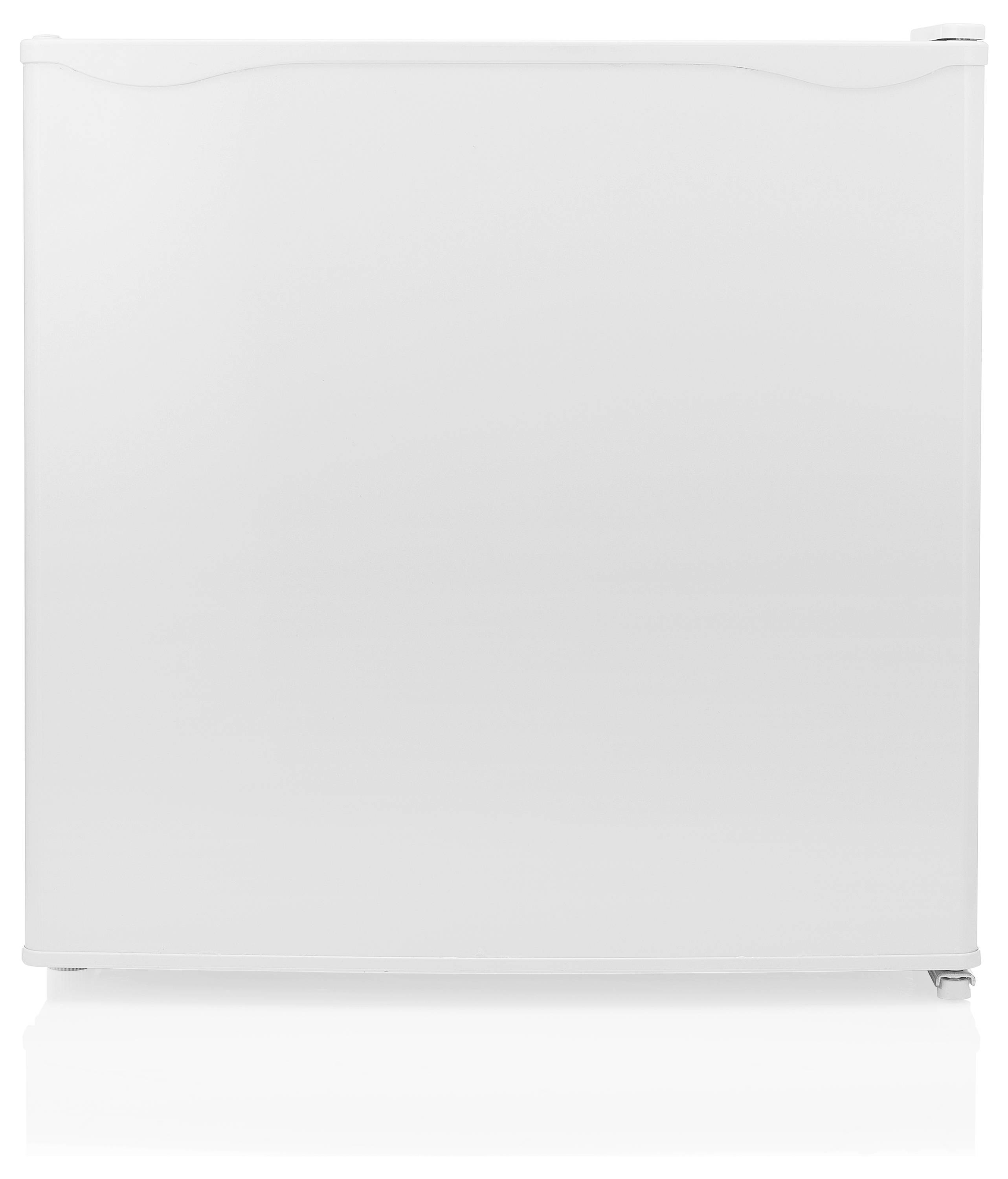 A small, white, compact refrigerator with a plain design, suitable for limited spaces like dorm rooms or offices.