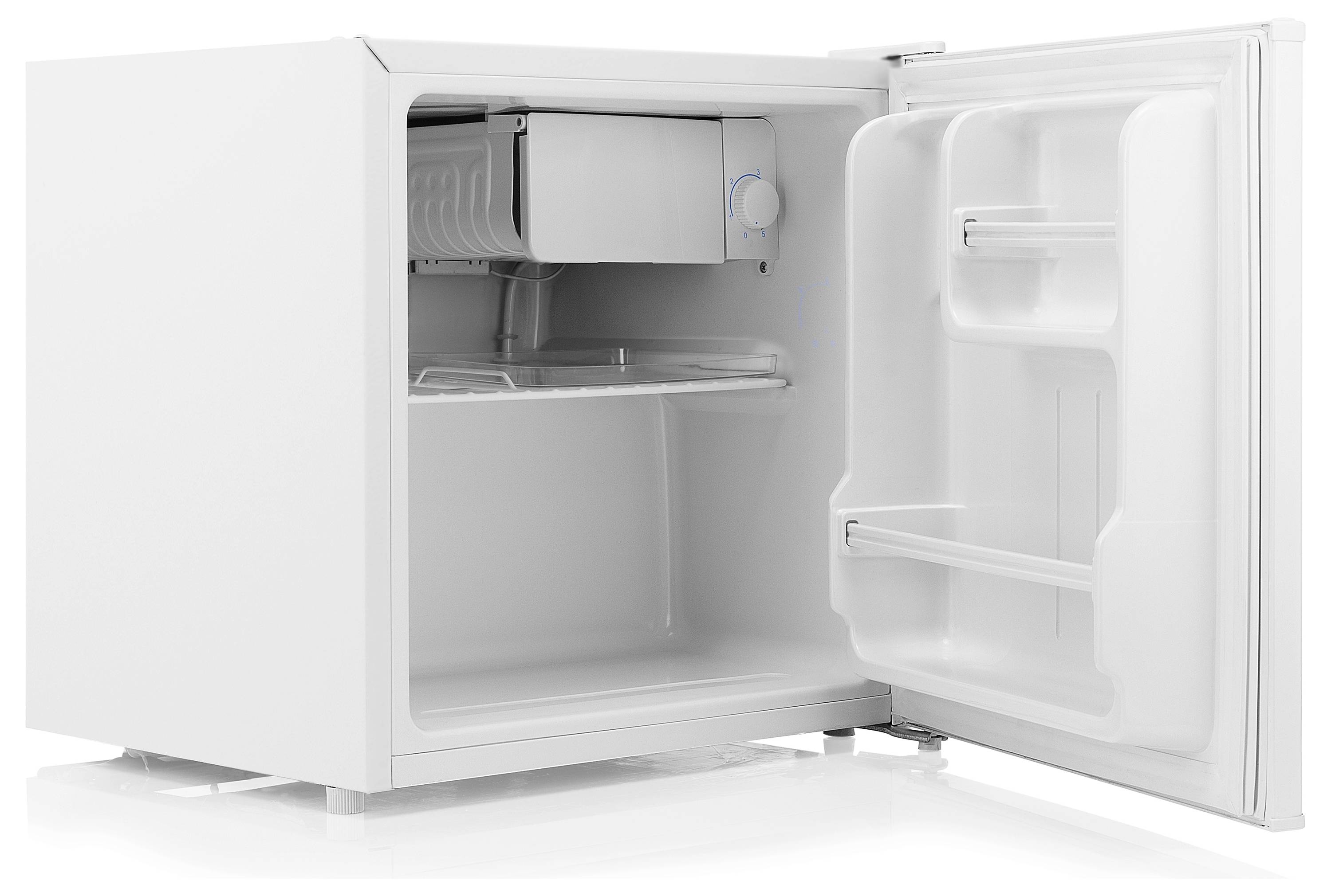A small white fridge with its door open, showing a freezer compartment, a shelf, and door storage for items.