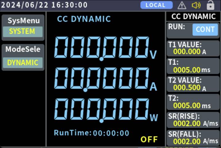 'CC DYNAMIC' screen displays voltage, current, and power as 0. Run time is '00:00:00'. T1 and T2 values in yellow indicate time intervals.