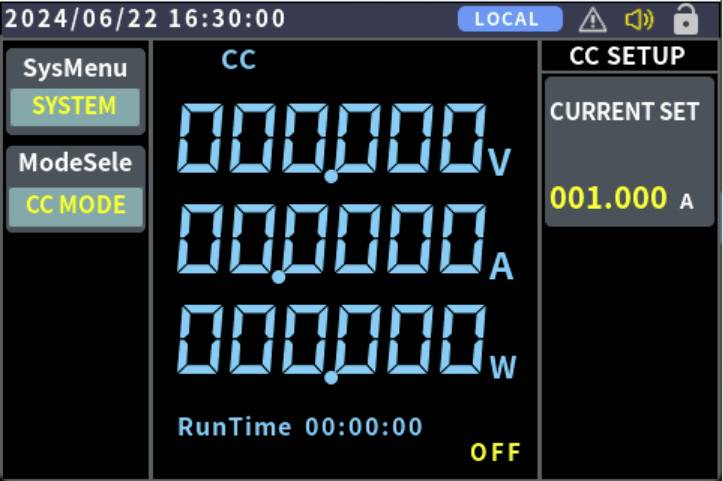 Digital power meter display showing voltage, amperage, and wattage at zero. Current set to 001.000 A. 'RunTime 00:00:00,' mode: CC.