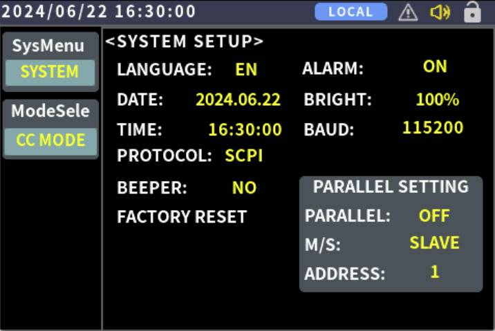 'System Setup' screen showing language as 'EN', date '2024.06.22', time '16:30:00', alarm 'ON', brightness '100%', protocol 'SCPI'.