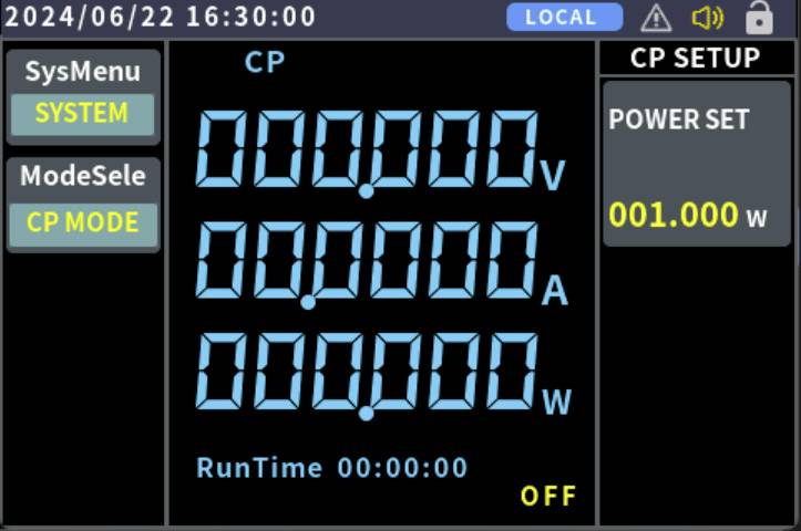 'CP MODE' screen displaying voltage (0.000 V), current (0.000 A), power (0.000 W), and power set (001.000 W); runtime is 00:00:00, system off.