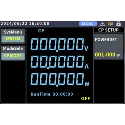 'CP MODE' screen displaying voltage (0.000 V), current (0.000 A), power (0.000 W), and power set (001.000 W); runtime is 00:00:00, system off.