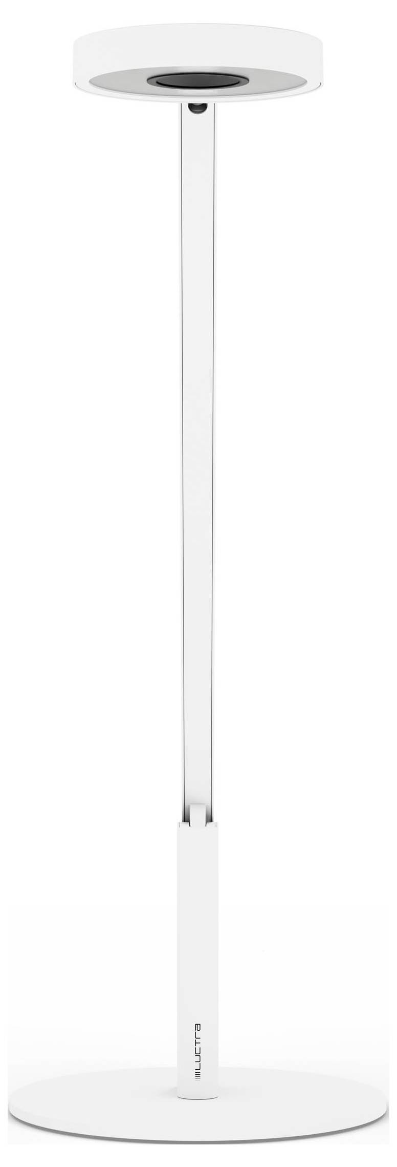 A sleek, modern white floor lamp with a circular base and an adjustable height rod, featuring a round, flat light fixture at the top.