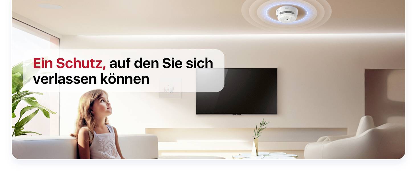 A girl sits in a living room and looks up at the ceiling, where a smoke detector is installed. Text: 'A protection you can rely on'.