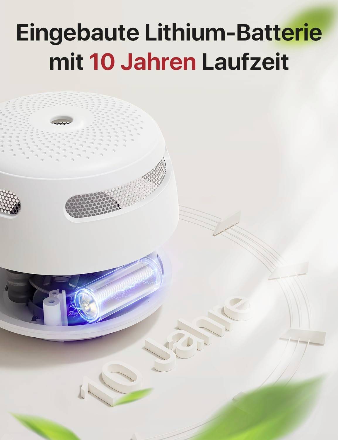Smoke detector with built-in lithium battery, marked with '10 years of operation'. White, round design with ventilation grille.