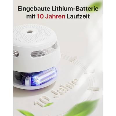 Smoke detector with built-in lithium battery, marked with '10 years of operation'. White, round design with ventilation grille.