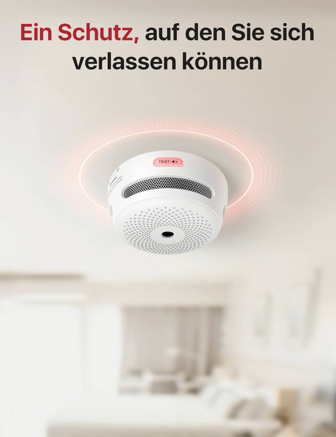 A smoke detector on the ceiling with a red light circle in the room. Text above: 'A protection you can rely on'.