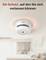 A smoke detector on the ceiling with a red light circle in the room. Text above: 'A protection you can rely on'.