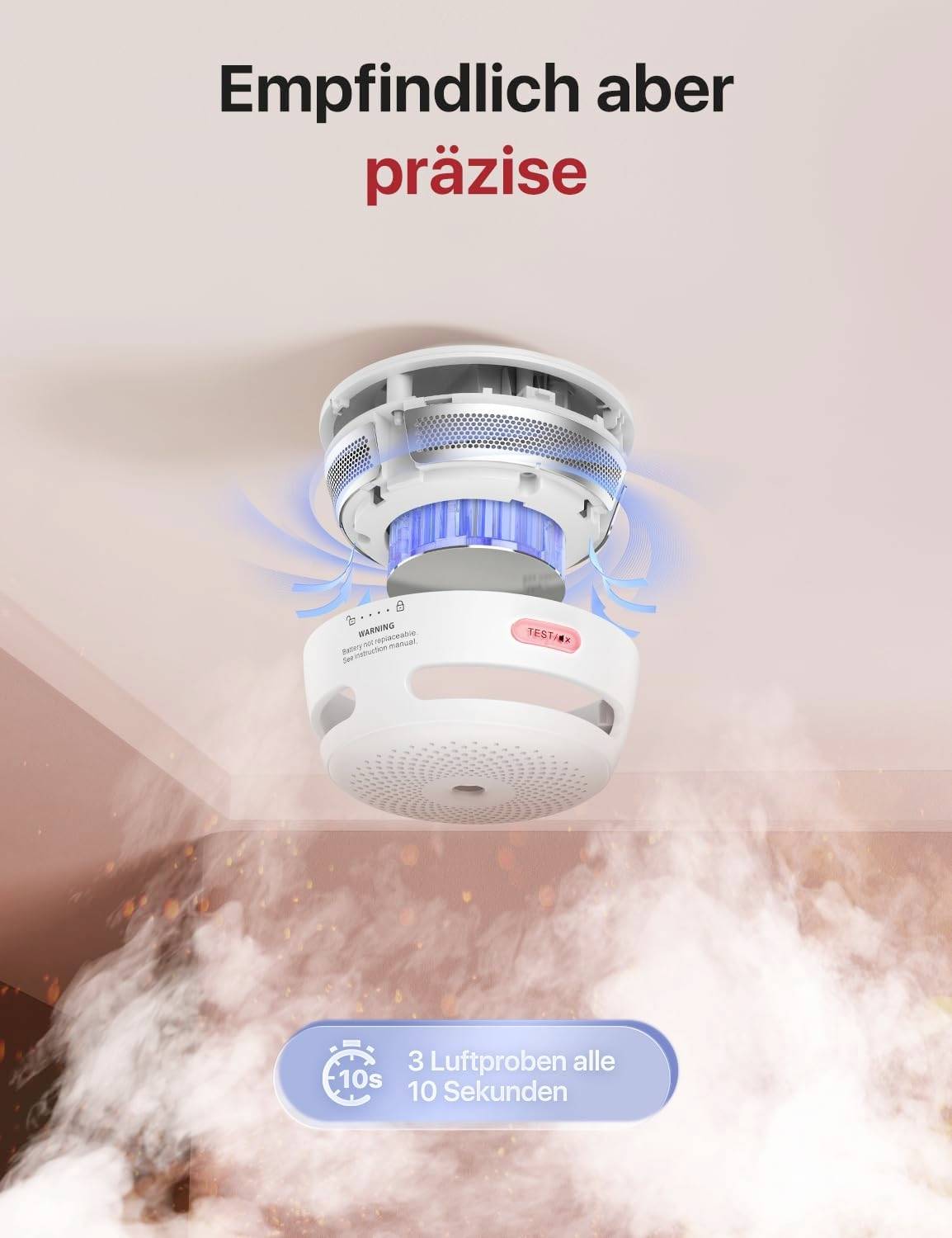 Smoke detector on the ceiling with blue illuminated LED lights. Text 'Sensitive but precise', samples smoke every 10 seconds.