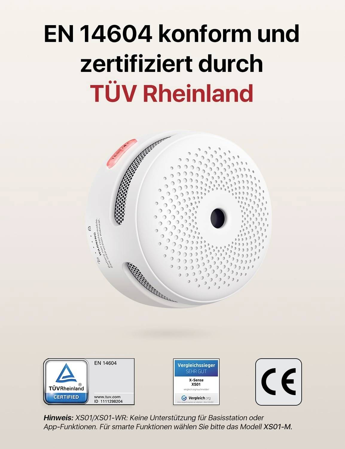 A smoke detector with the inscription 'EN 14604 compliant and certified by TÜV Rheinland'. Additionally CE marking and reference to smart functionalities.