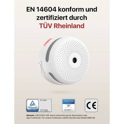 A smoke detector with the inscription 'EN 14604 compliant and certified by TÜV Rheinland'. Additionally CE marking and reference to smart functionalities.