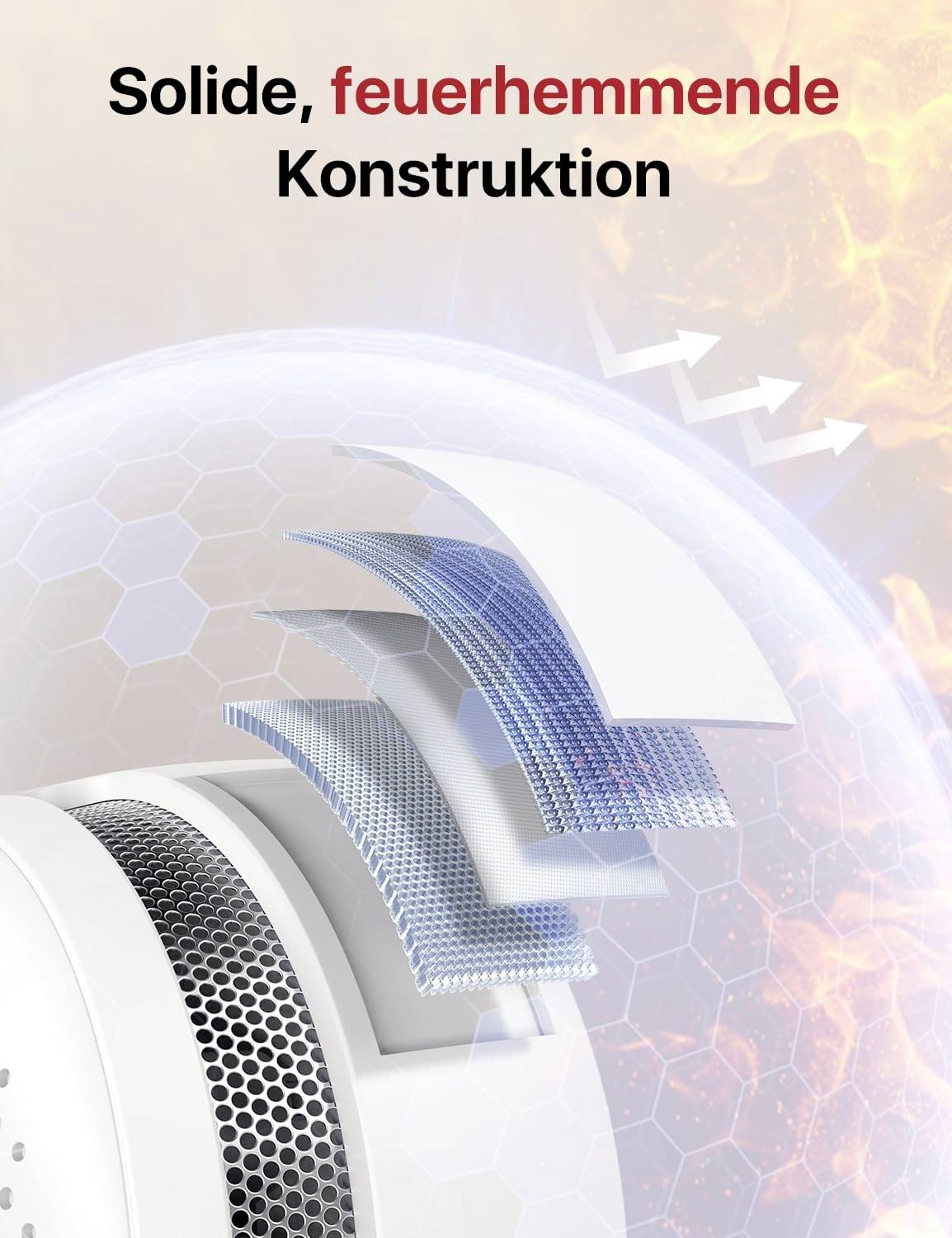 A diagram shows the layers of a fire-resistant construction with a smoke detector in the foreground. Text: 'Solid, fire-resistant construction'.