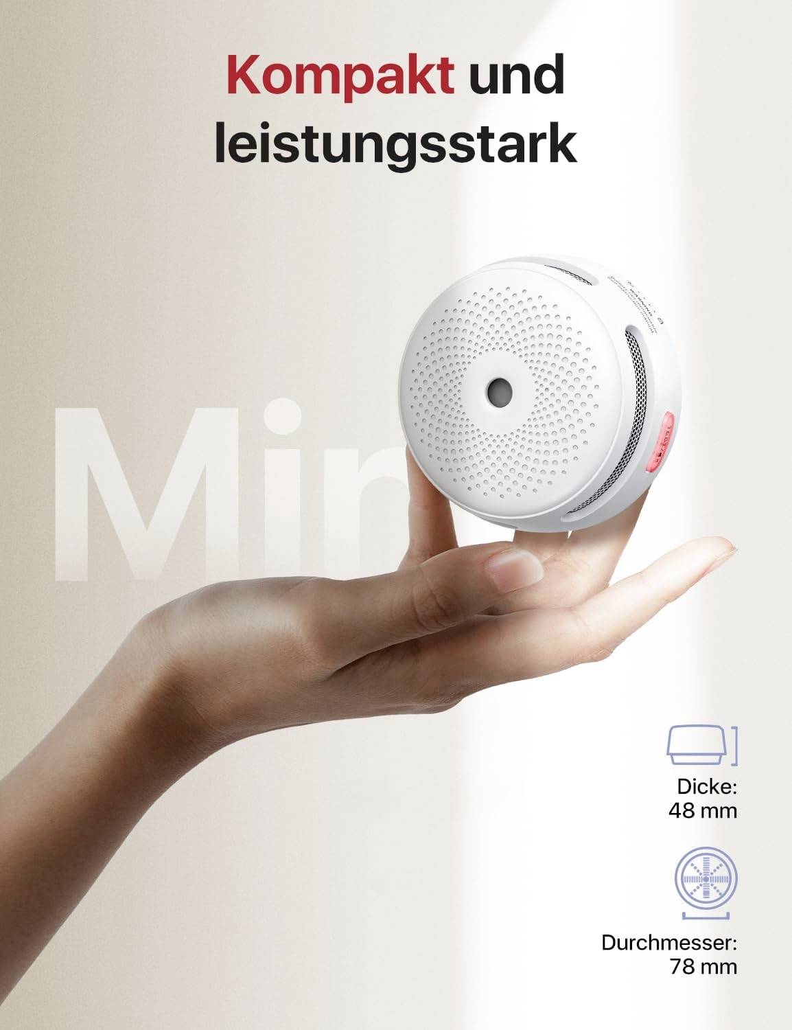 A hand is holding a small, round smoke detector. Text: 'Compact and powerful'. Dimensions: Thickness 48 mm, diameter 78 mm.