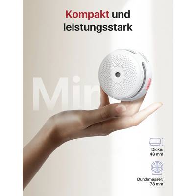 A hand is holding a small, round smoke detector. Text: 'Compact and powerful'. Dimensions: Thickness 48 mm, diameter 78 mm.