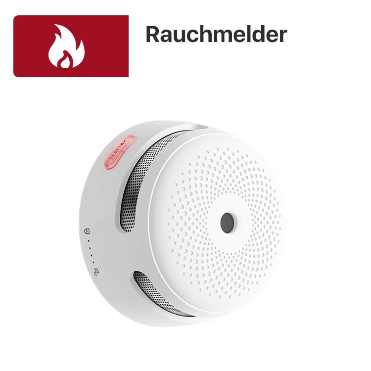 A white smoke detector with a side opening and a red activation button on a white background. Text at the top: 'Smoke Detector'.