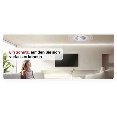 A young girl looks at a smoke detector on the ceiling in a modern living room. Text: 'Protection you can rely on'.