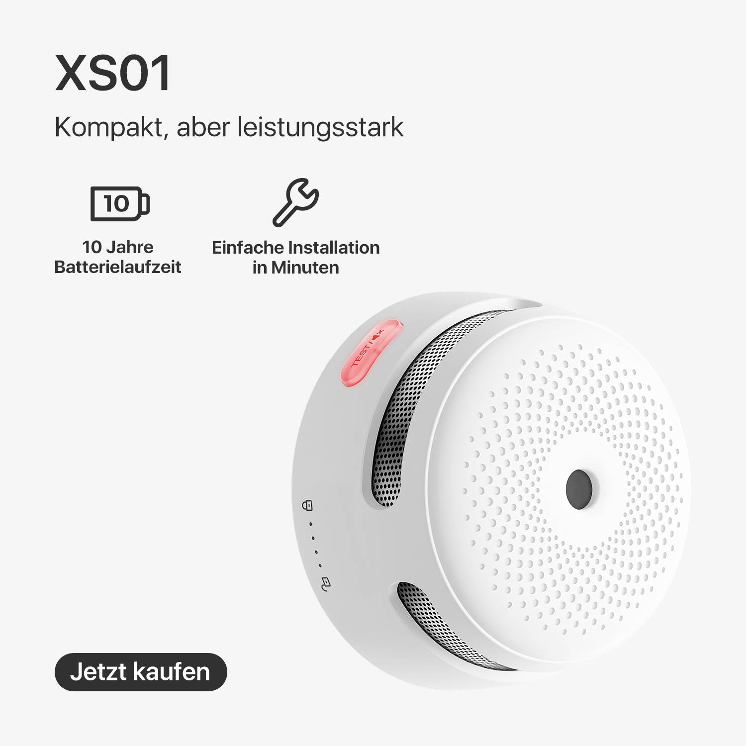 Smoke Detector 'XS01', compact and powerful, 10-year battery life, easy installation, buy now.