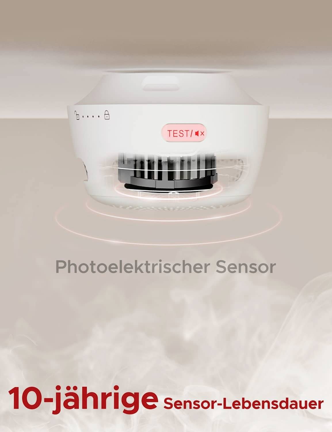 A smoke detector labelled 'Photoelectric Sensor'. Below it reads '10-year Sensor Lifespan'. Smoke is detectable.