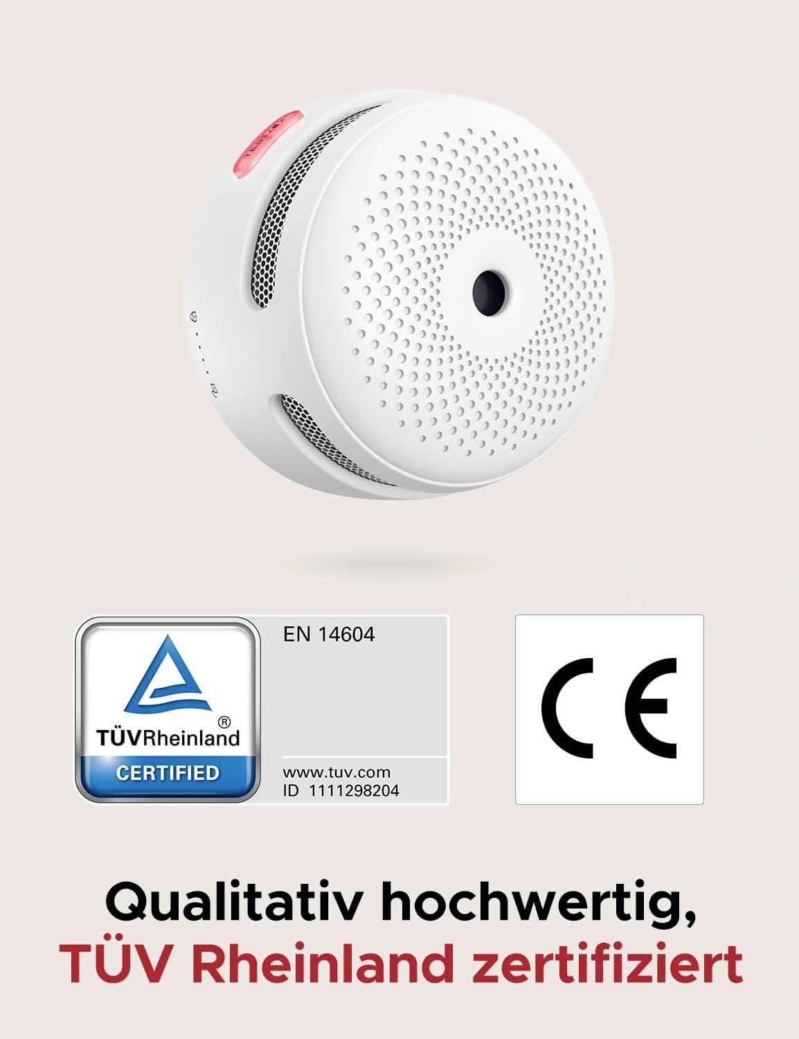 In the image, a TÜV Rheinland certified smoke detector with CE marking is shown, which has been tested in accordance with EN 14604.