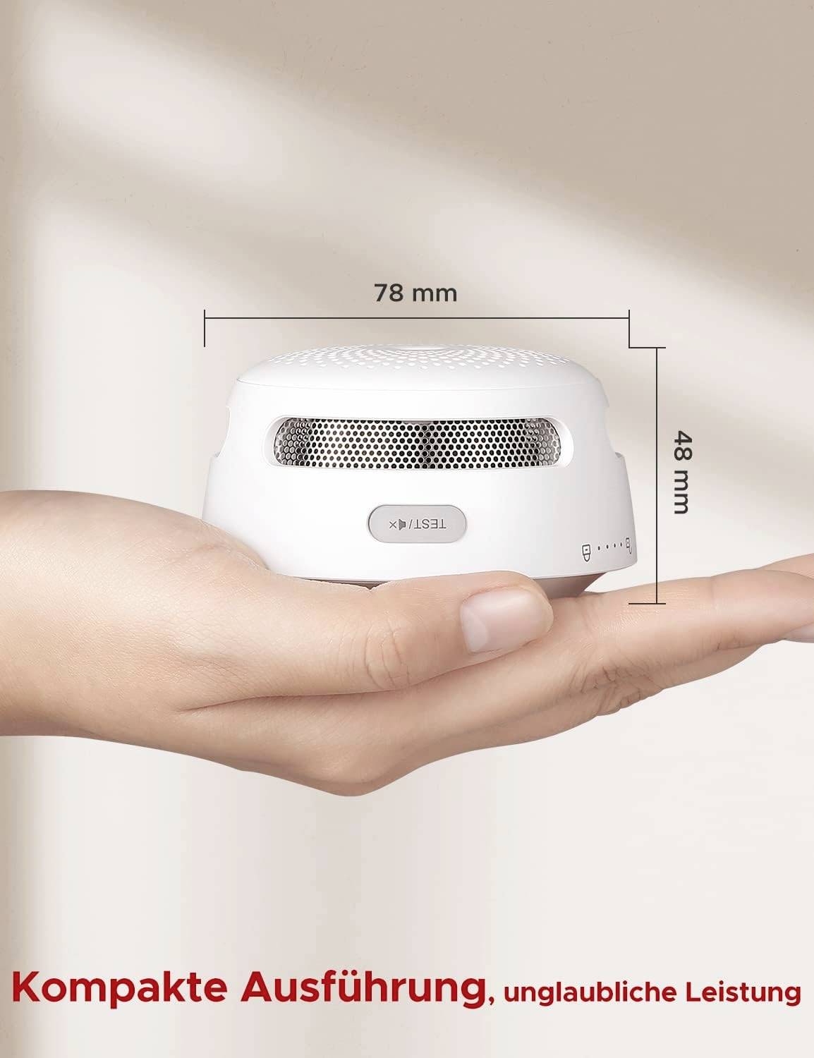 A hand is holding a small, white speaker measuring 78 mm x 48 mm. Text: 'Compact design, incredible performance'.